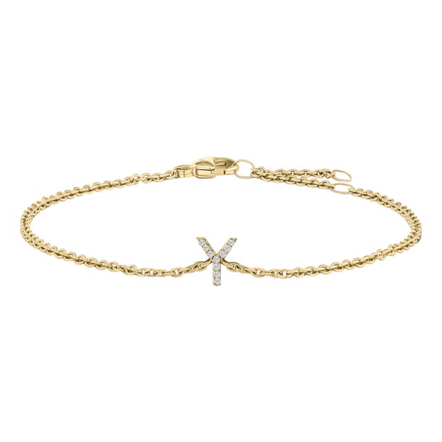10K Yellow Gold Diamond Accent "Y" Initial Charm and Link Bracelet For Sale