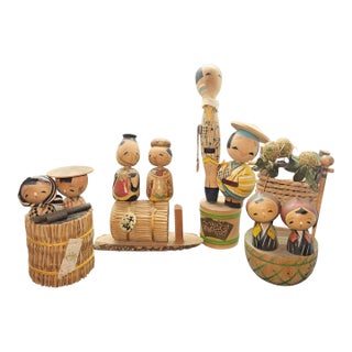 Early Vintage Kokeshi/Sakunami Doll Lot of Four, Handmade Japanese Ornamental For Sale