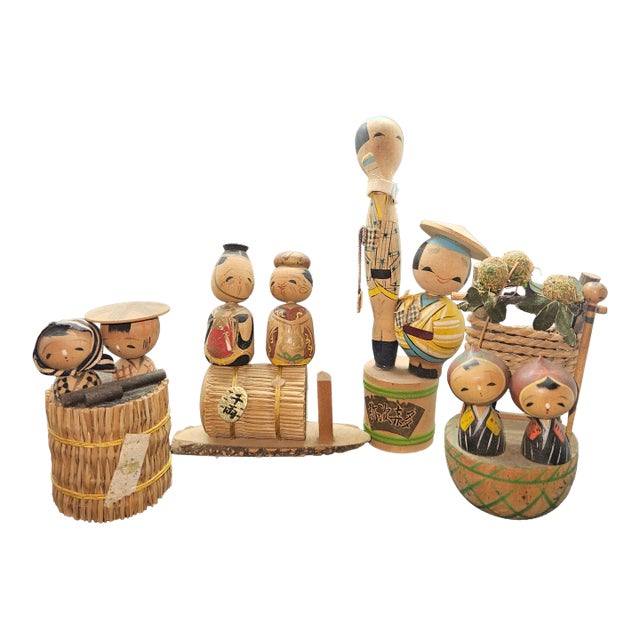 Early Vintage Kokeshi/Sakunami Doll Lot of Four, Handmade Japanese Ornamental For Sale