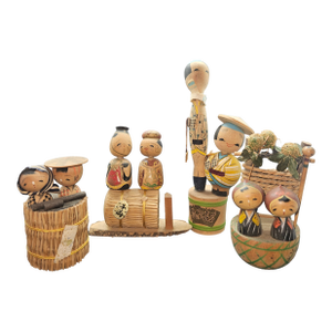 Early Vintage Kokeshi/Sakunami Doll Lot of Four, Handmade Japanese Ornamental