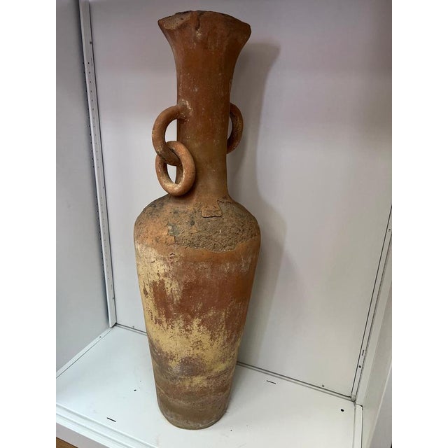 Vintage Terracotta extra large floor vase with ring. One ring is missing