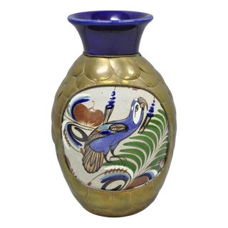 20th C. Mateos Mexico Tonala Pottery Mid Century Modern Brass Peacock Feather 7" Vase For Sale