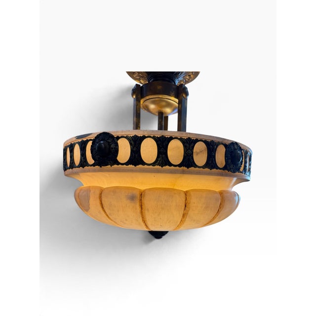 Metal Late 20th Century Art Deco Mariner s.a. Spanish Cast Brass & Molded Alabaster Glass Inverted Bowl Chandelier For Sale - Image 7 of 9