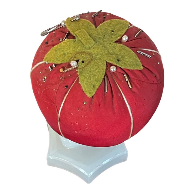 Early 20th C. Make-Do Tomato Pin Cushion on 19th C. Dolphin Sandwich Glass Stand For Sale