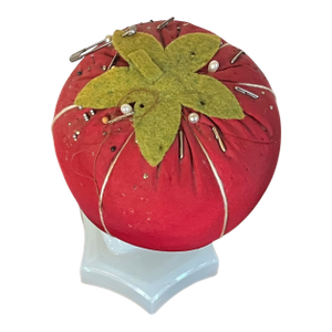 Early 20th C. Make-Do Tomato Pin Cushion on 19th C. Dolphin Sandwich Glass Stand