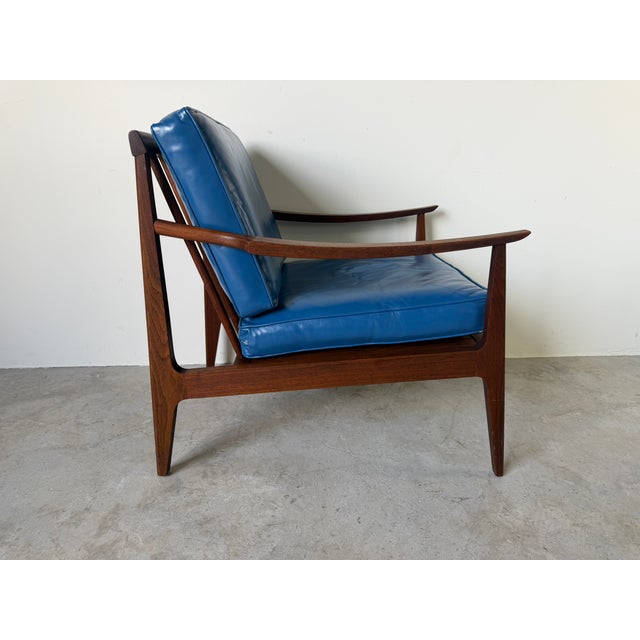 Mid Century Ib Kofod Larsen Style Scandinavian Lounge Chair With Blue Leather Cushions For Sale - Image 10 of 18