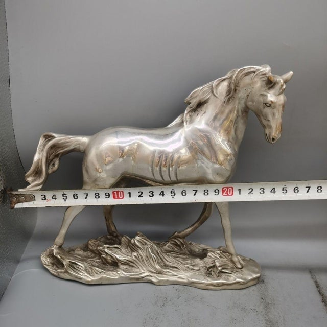Vintage Silver-Tone Metal Horse Sculpture on Rocky Base For Sale - Image 9 of 9