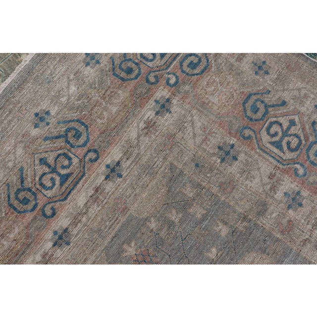 Large Modern Tribal Khotan Rug in Shades of Cream Green Blue and Coral For Sale - Image 12 of 12