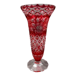 Mid 20th Century Bohemian Crystal Vintage Cranberry Red Cut to Clear Footed Art Glass Vase
