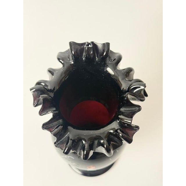 Antique Bohemian Deep Ruby Glass Vase with Romantic White Enamel Painting, 1900 For Sale - Image 6 of 18