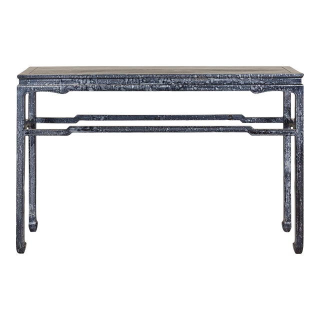 Marbleized Console Table with Silver and Black Finish and Humpback Stretcher For Sale