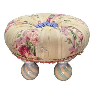 1990s Mackenzie Childs Rose Floral Upholstered Footstool or Ottoman, Ceramic Feet For Sale