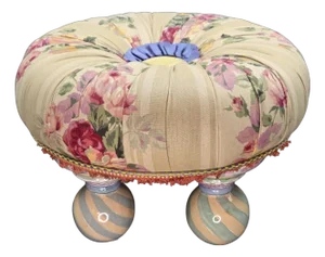 1990s Mackenzie Childs Rose Floral Upholstered Footstool or Ottoman, Ceramic Feet