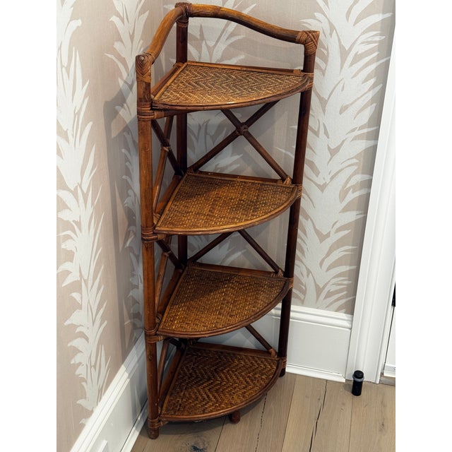 Boho Chic Vintage Woven Rattan and Bamboo Four-Tier Corner Shelf Unit. For Sale - Image 3 of 11