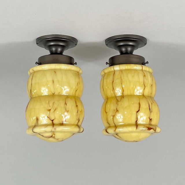 Art Deco Marbled Opaline & Burnished Brass Flush Mounts, Germany, 1930s, Set of 2 For Sale - Image 4 of 16