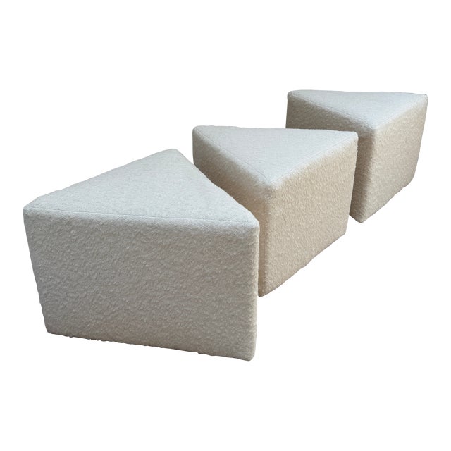 Vintage White Boucle Triangle Stools- Set of 3 For Sale