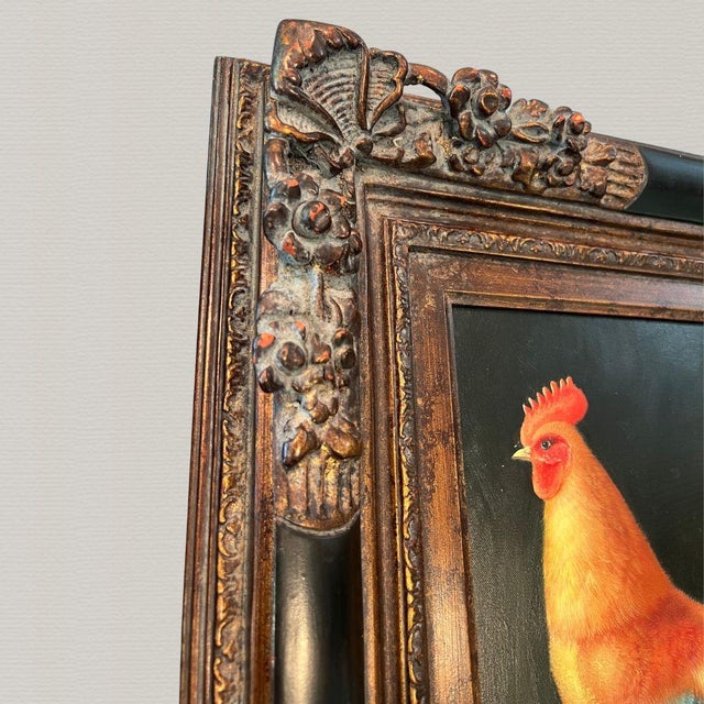 Wood 1950s Mid Century Rooster Oil Painting With Spanish Baroque Style Frame For Sale - Image 7 of 18