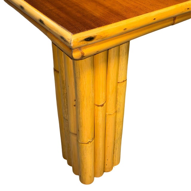 Restored Rattan & Curly Mahogany Square Coffee Table W/ Stacked Rattan Legs For Sale - Image 4 of 6