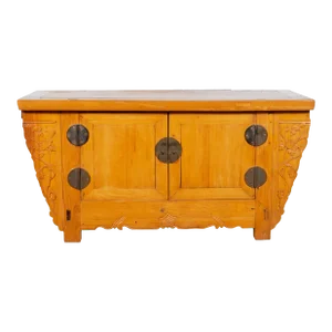 Antique Chinese Elm Wood & Bronze Hardware Carved Spandrel Sideboard
