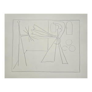 W 30 by H 23 Picasso Style Minimalist Pen Drawing / Neutral Palette, Unframed