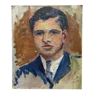 Vintage Oil Painting Portrait of a Dark Haired Man in a Suit ~ Unframed For Sale