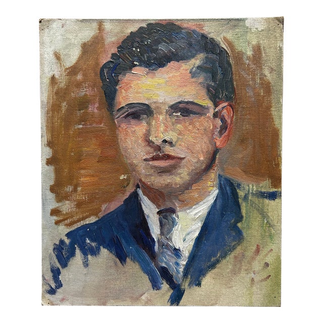 Vintage Oil Painting Portrait of a Dark Haired Man in a Suit ~ Unframed For Sale