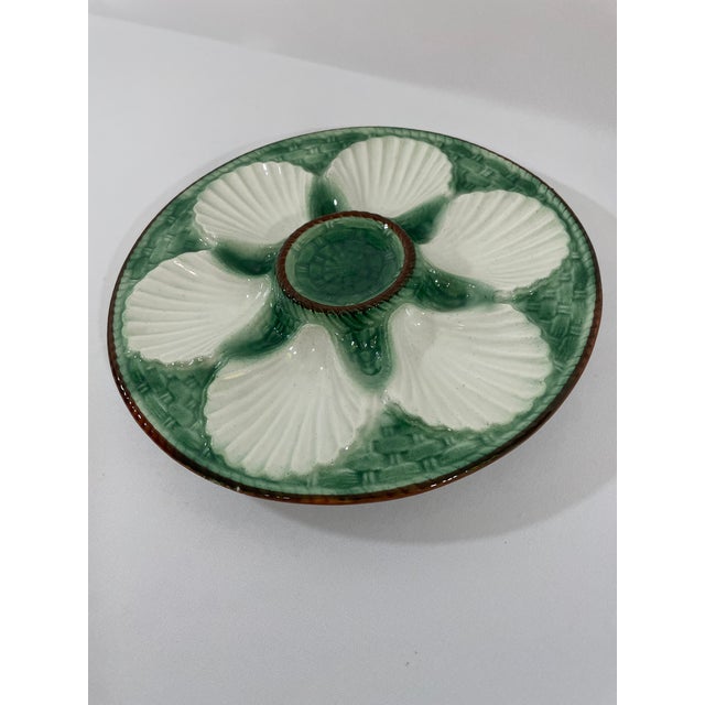 1920s 1920s Antique French Longchamp Majolica Green and White Oyster Plate For Sale - Image 5 of 13