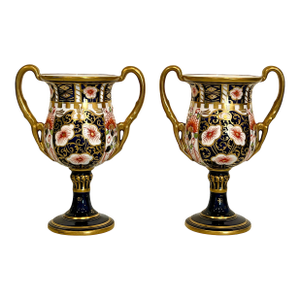 Antique Royal Crown Derby 22 Carat Gold Bone China Vases, Urns, Goblets, 1906, England, a Pair
