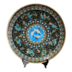 Monumental Japanese Cloisonne Enamel Charger Cranes Attributed, Hayashi Kodenji