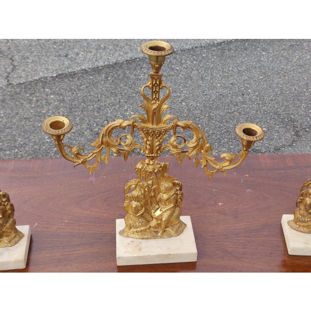 Late 19th Century Bronze and Marble Candle Holders and Candelabra - Set of 3 For Sale - Image 9 of 10