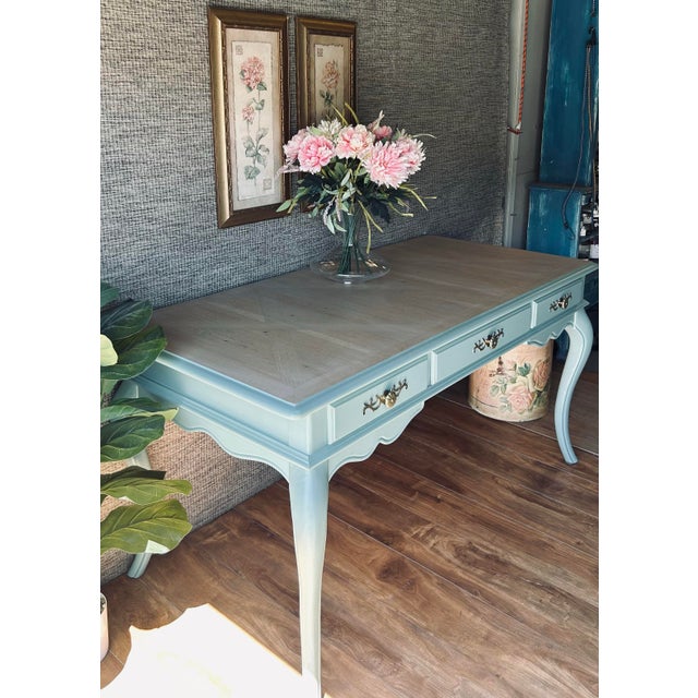 Mid-Century Louis XV Style Refinished Teal-Turquoise Solid Wood 3-Drawer Desk For Sale - Image 12 of 12