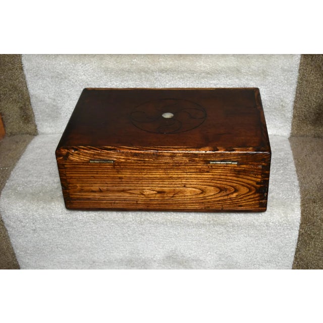 1910s Antique Inlaid Oak & Cherry Carved & Hand Dovetailed Box For Sale - Image 5 of 13