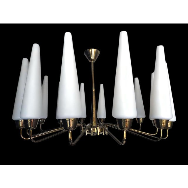 Mid-Century Modern Large Mid-Century French Sunburst Chandelier with 14 White Satin Glasses from Arlus, 1950s For Sale - Image 3 of 14