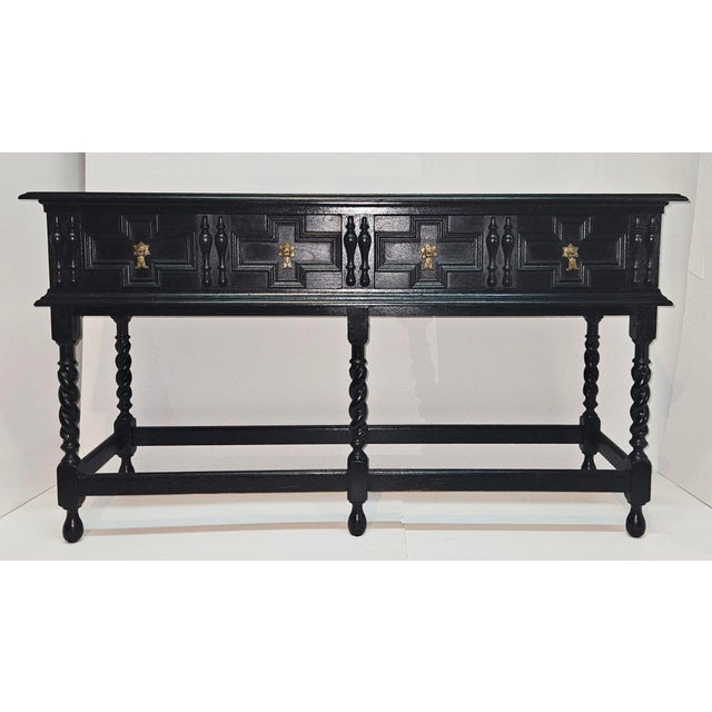 Kittinger, Buffalo - Two Drawer Antique Ebonized Oak Jacobean Style Sideboard / Console Table / Server. The two drawer...
