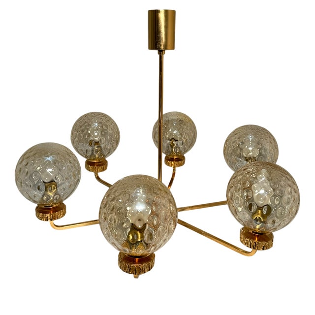 Italian 6-Glass Bowl Chandelier with Gilt Frame, 1970s For Sale