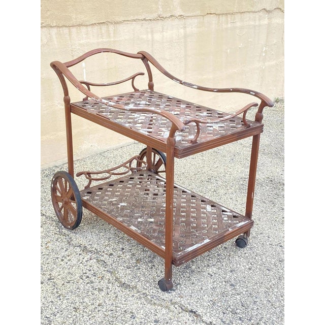 Late 20th Century Cast Aluminum Metal Lattice Garden Patio Serving Bar Tea Cart Side Table For Sale - Image 10 of 10