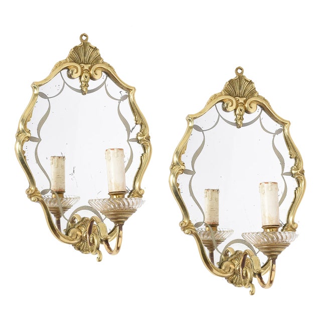 Italian Brass Sconces with Decorated Mirrors, 1930s, Set of 2 For Sale