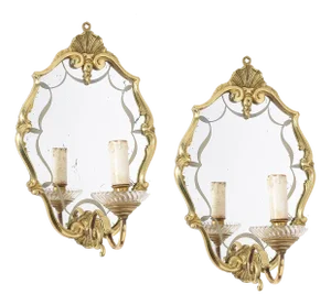 Italian Brass Sconces with Decorated Mirrors, 1930s, Set of 2