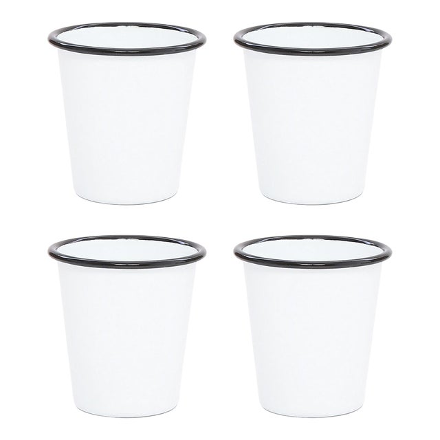 Crow Canyon Home Enamelware, Vintage 10 oz. Short Tumblers in White with Black Rim - Set of 4 For Sale