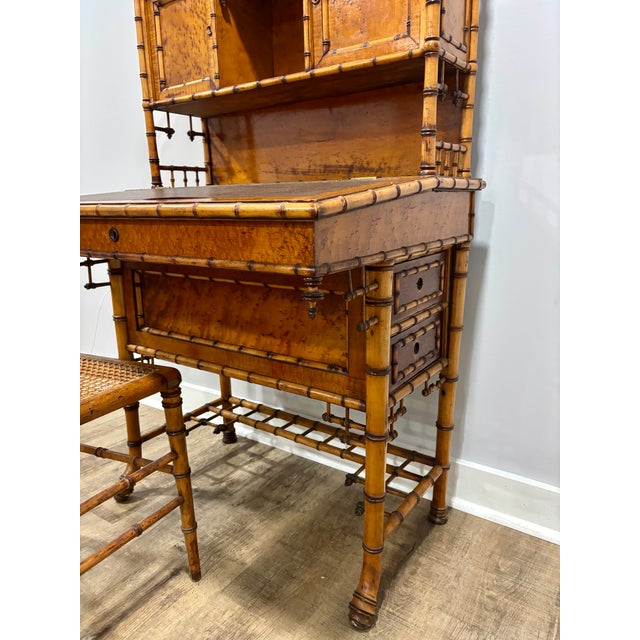 Late 20th Century Aesthetic Movement Faux Bamboo Bird's-Eye Maple Secretary Desk & Original Chair Attributed to r.j. Horner For Sale - Image 9 of 17