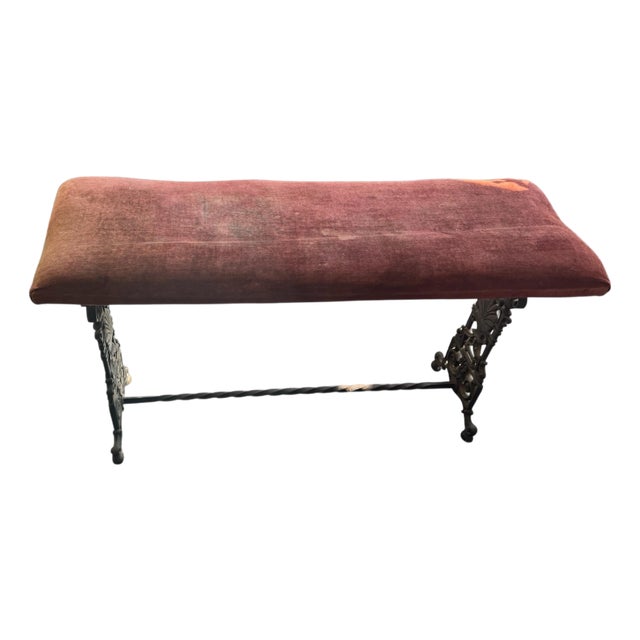 Antique Cast Iron Upholstered Bench Red Velvet Seat Victorian Gothic Hall Bench For Sale
