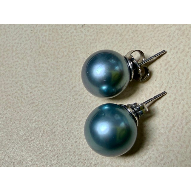 Metal 11 MM Tahitian Black Pearl Stud Earrings 14 Karat White Gold For Sale - Image 7 of 8