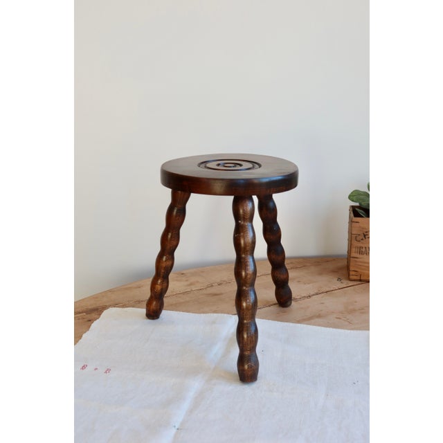 Antique Wooden Tripod Milking Stool with Turned Legs, 1920s For Sale - Image 6 of 6