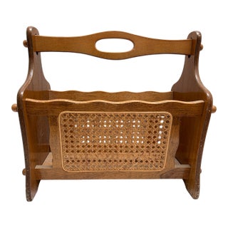 Vintage Midcentury Wood Cane Magazine File Holder For Sale