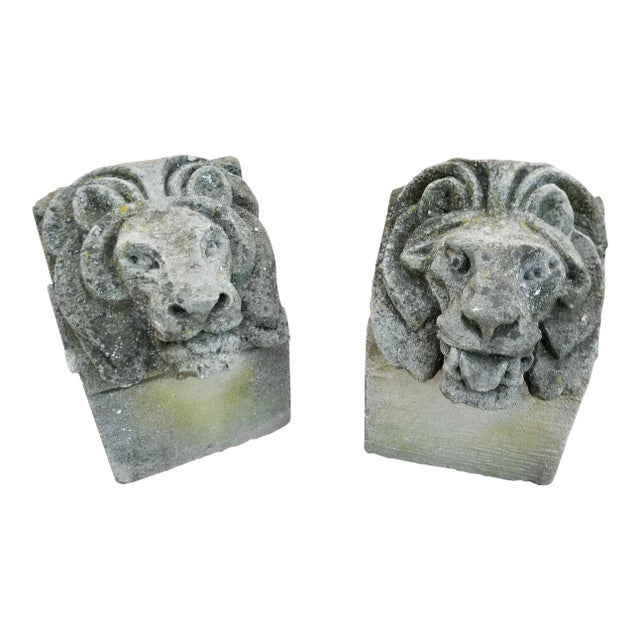 Pair of Antique Carved Granite Lion Heads For Sale