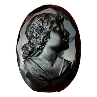 French Jet Glass Mourning Cameo C-Clasp Black Brooch Antique Pin For Sale