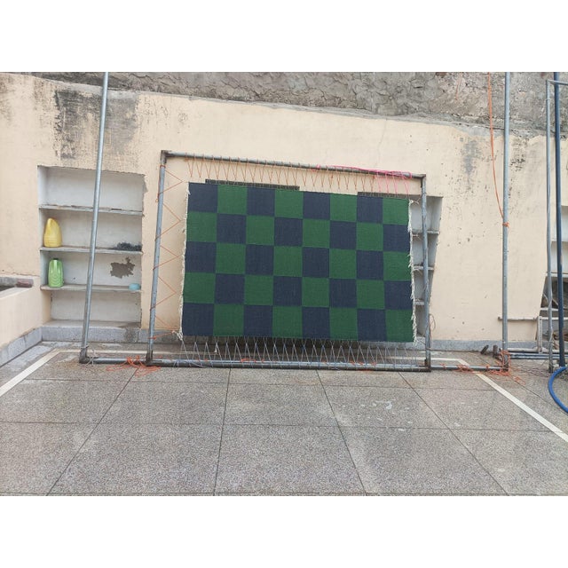 Handmade Woolen Flat Weave Rug, Forest Green and Greyish Blue Checker Board Dhurrie - 5'x8' For Sale - Image 9 of 12