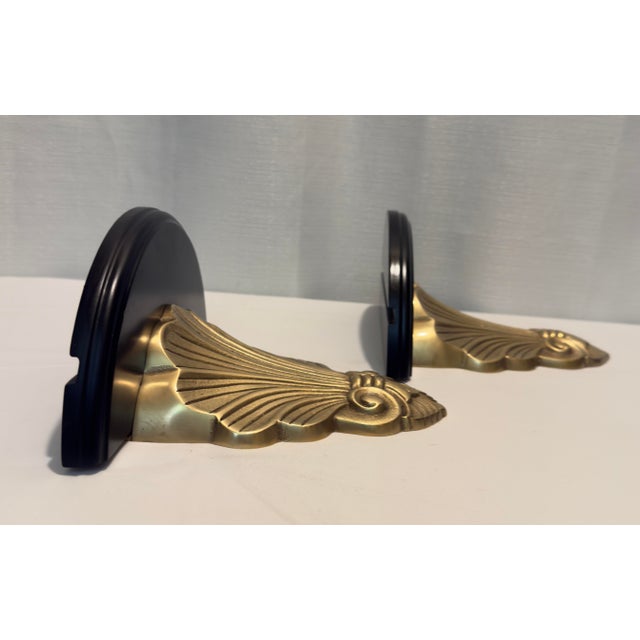 1970s Hollywood Regency Brass and Black Lacquer Shell Sconces - A Pair For Sale In Mobile - Image 6 of 8