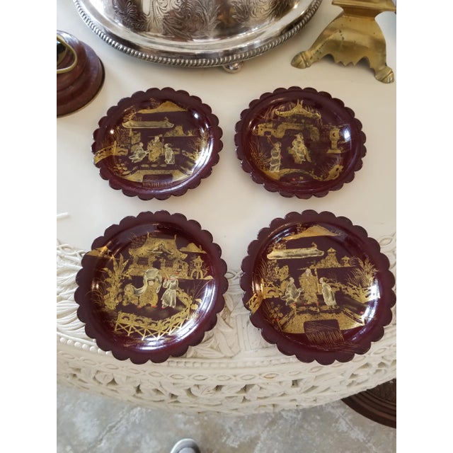 Paint Set of Four Antique English Chinoiserie Papier Mache Plates For Sale - Image 7 of 9