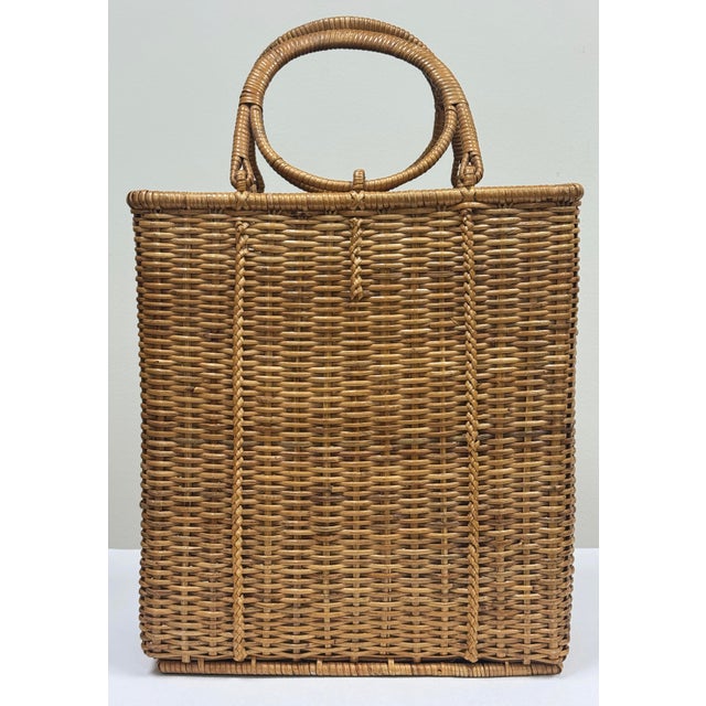 Boho Chic Vintage Tall Woven Wicker Basket With Round Handles For Sale - Image 3 of 7